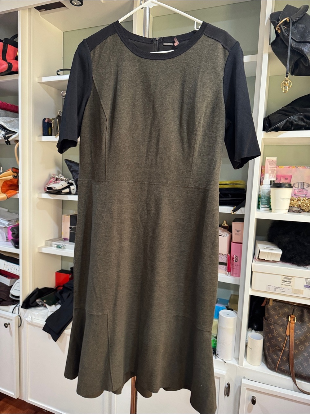 Elie Tahari Olive Green Dress with Black Sleeves